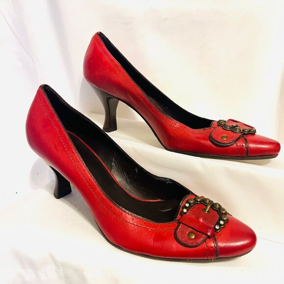 Nicole Shoes - Nicole-Made In Brazil-3" Heels Red Leather/Antique Gold Buckle-Size 8 1/2-Comfy